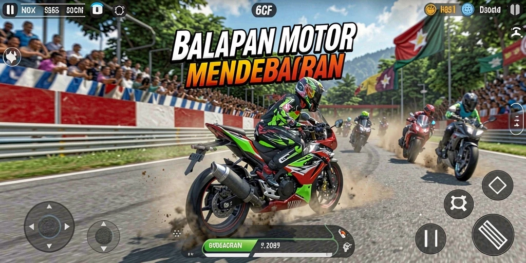 Gameplay seru 6CF dengan balapan motor yang intens.