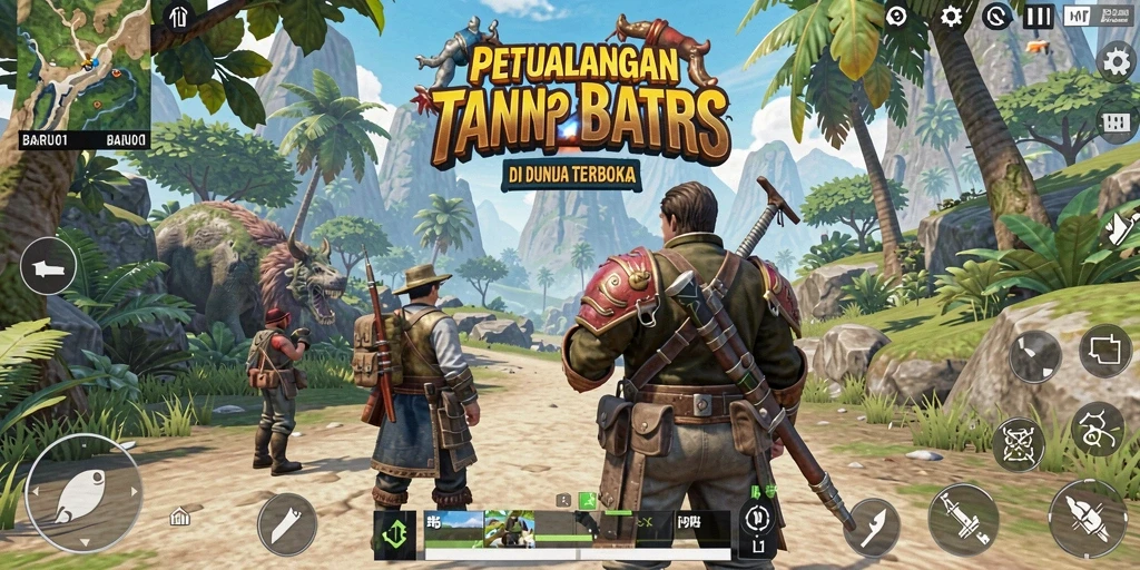 Screenshot menampilkan karakter utama dalam petualangan di dunia terbuka.