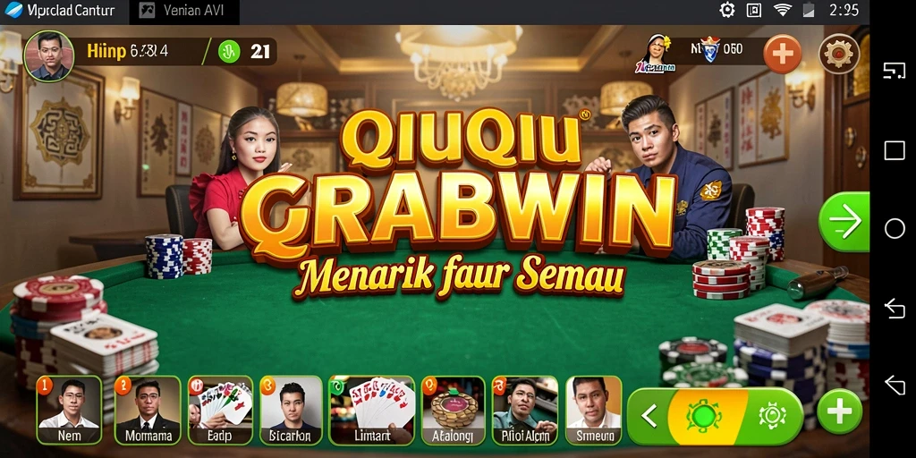 Screenshot gameplay QiuQiu di GRABWIN yang menampilkan kartu dan pemain.