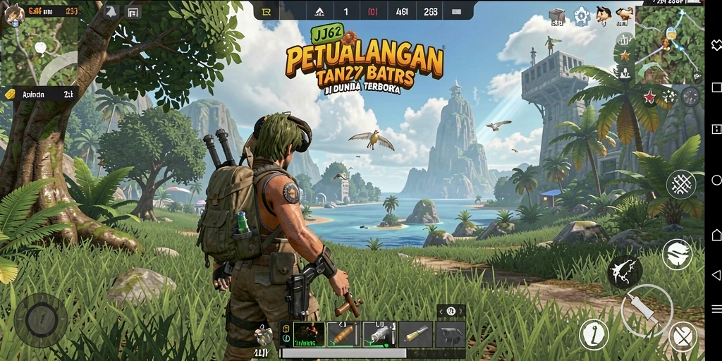 Screenshot gameplay JJ62 menunjukkan eksplorasi dunia terbuka yang luas.
