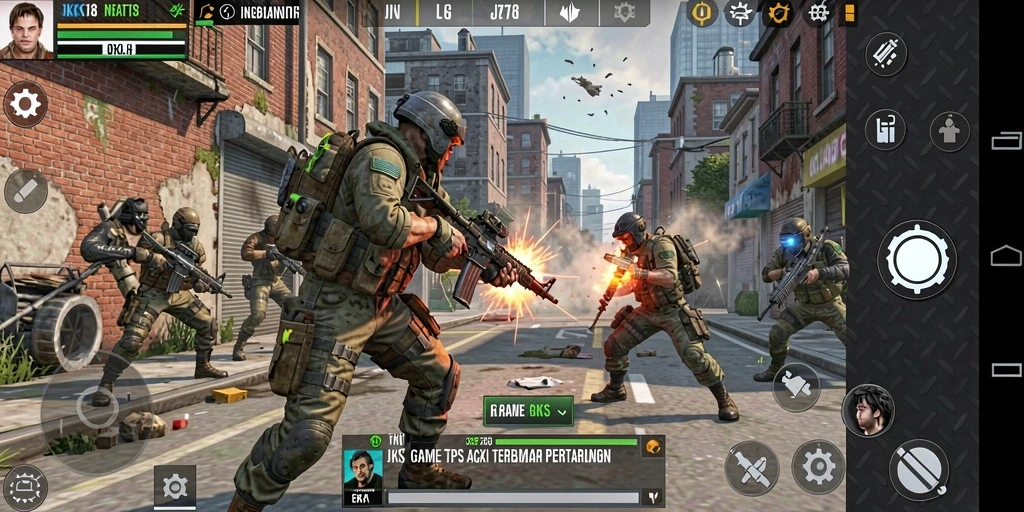 Screenshot utama JKT8 menunjukkan gameplay TPS yang mendebarkan.