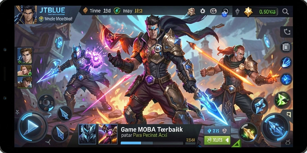 Screenshot utama JTBLUE menampilkan aksi seru dalam pertempuran MOBA.