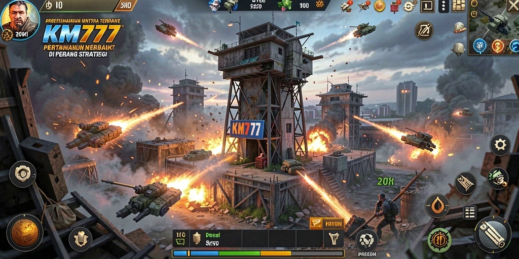 Gameplay menegangkan dari KM777 dalam misi Tower Defense.