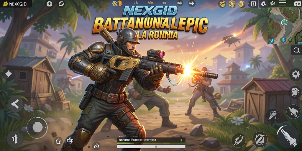 Screenshot gameplay NEXGID menampilkan pertarungan intens di arena Battle Royale.