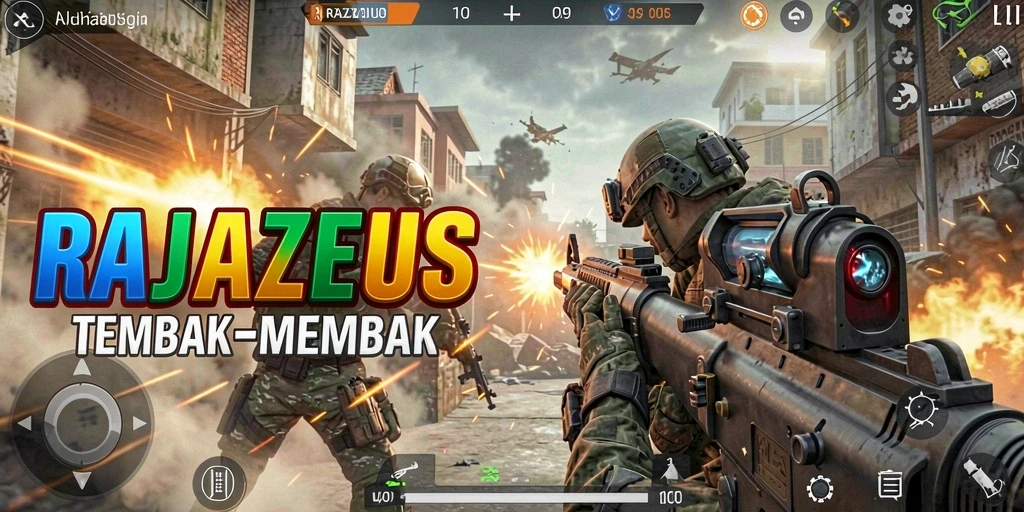Tampilan gameplay menegangkan dalam RAJAZEUS dengan aksi tembak-menembak yang intens.