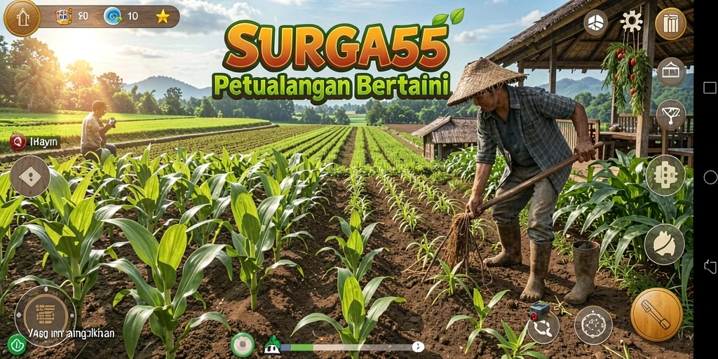 Tampilan gameplay SURGA55 menunjukkan kebun yang indah dan hewan ternak.
